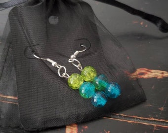 Blue and Green Cracked Glass Bead Earrings, Crackled Glass Jewelry, Blue and Green Earrings, Gift for Her, Cracked Glass Earrings