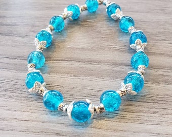 Ocean Blue Cracked Glass Bead Bracelet, Crackled Glass Bead Jewelry, Gift For Her, Blue and Silver Beaded Bracelet, Cracked Glass Bracelet,