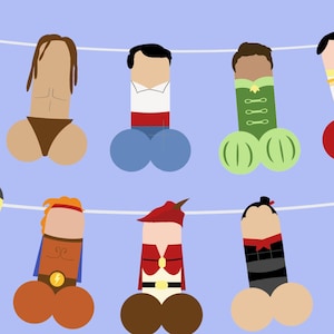 May include: A whimsical illustration of cartoon characters, each designed with a phallic shape and dressed in costumes. The characters are suspended from a clothesline against a light blue background.