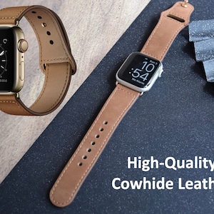 May include: Two brown leather watch straps for an Apple Watch. The straps are made of cowhide leather and have a simple design. The text "High-Quality Cowhide Leather" is visible in the image.