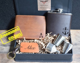 Personalized Groomsmen Flask Set, Groomsmen Proposal Gift for Him, Engraved Hip Flask Set for Groom, Leather Wallet for Groomsman, Graduate