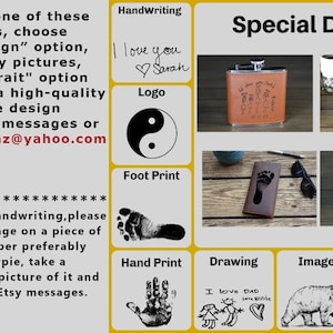 K&ouml;nnte beinhalten: Eine Collage von Bildern, die verschiedene Designoptionen f&uuml;r personalisierte Lederwaren zeigen. Die Optionen umfassen Handschrift, Logo, Fu&szlig;abdruck, Handabdruck, Zeichnung, Bild und Portr&auml;t. Der Text "Special Design" befindet sich oben in der Collage.