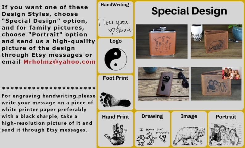 K&ouml;nnte beinhalten: Eine Collage von Bildern, die verschiedene Designoptionen f&uuml;r personalisierte Lederwaren zeigen. Die Optionen umfassen Handschrift, Logo, Fu&szlig;abdruck, Handabdruck, Zeichnung, Bild und Portr&auml;t. Der Text "Special Design" befindet sich oben in der Collage.