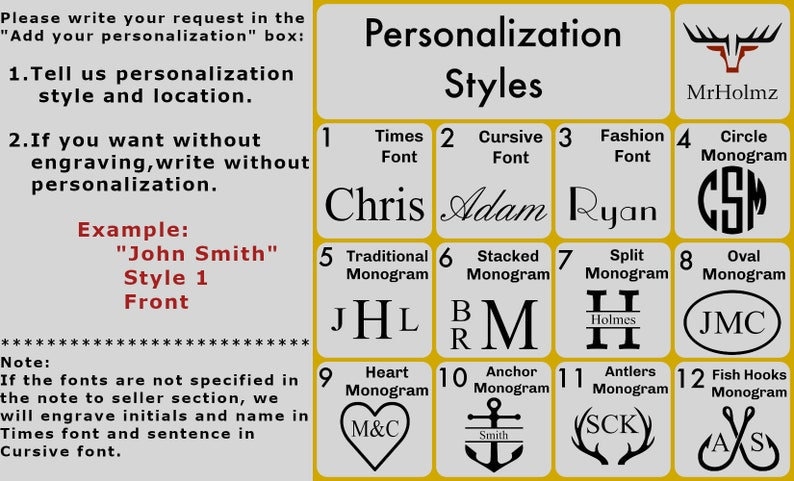 K&ouml;nnte beinhalten: Eine Tabelle mit 12 verschiedenen Personalisierungsstilen f&uuml;r Gravuren. Die Stile umfassen Times Schriftart, Kursive Schriftart, Modeschriftart, Kreismonogramm, Traditionelles Monogramm, Gestapeltes Monogramm, Geteiltes Monogramm, Ovales Monogramm, Herzmonogramm, Ankermonogramm, Geweihmonogramm und Fischhakenmonogramm. Die Tabelle enth&auml;lt auch Beispiele f&uuml;r jeden Stil.