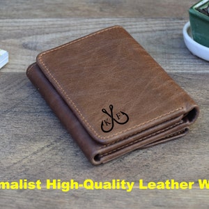 Carteira de couro personalizada com três dobras para homens, carteira minimalista com bolso frontal, carteira fina gravada para ele, carteira masculina com RFID, presente para o dia dos pais