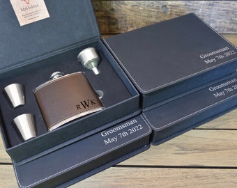 Groomsmen Gift Flask Set, Personalized Groomsman Flask, Bachelor Party Gifts, Leather Flask Engraved for Groomsmen, Bridal Party Flask Gifts