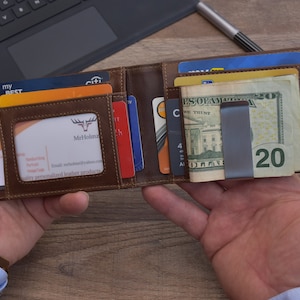 Cartera minimalista de cuero personalizada para hombre, billetera delgada grabada para papá, billetera RFID con clip para billetes para esposo, regalo para el Día del Padre.