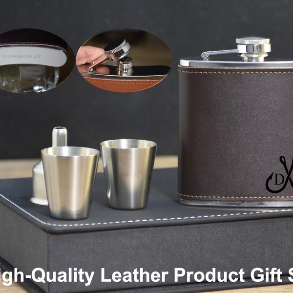 Personalized Leather Flask Set+Leather Box, Personalized Gift Set for Husband, Engraved Flask Set Gift, Best Dad Gifts, Gift for Fathers Day