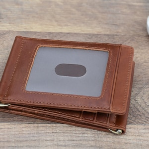 Billetera con clip para billetes, billetera minimalista de cuero, billetera delgada, billetera personalizada, billetera de cuero para hombre, billetera RFID para papá, regalos para el Día del Padre