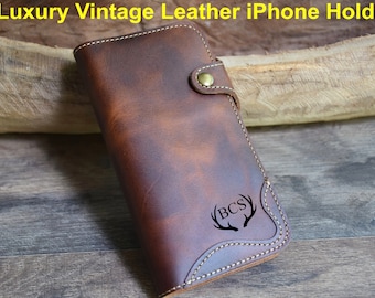 Handmade Leather iPhone Wallet Case: Vintage Style, Card Slots & Strap