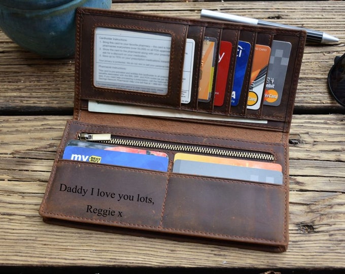 Personalized Long Leather Wallet, Engraved Leather Wallet, Leather Gift For Men, Custom Leather Wallet For Dad,Best Fathers Day Gift for Him