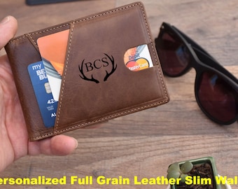 Front Pocket Wallet, Minimalist Leather Wallet, Slim Wallet, Personalized Wallet, Mens Leather Wallet ID window, RFID Wallet for Fathers Day