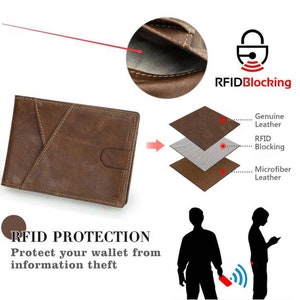 K&ouml;nnte beinhalten: Braunes Lederportemonnaie mit Klappenverschluss und RFID-Blockiertechnologie. Die Brieftasche besteht aus echtem Leder und Mikrofaserleder. Das Bild zeigt eine Person, die ein Telefon in der N&auml;he der Brieftasche h&auml;lt, was die RFID-Blockierfunktion veranschaulicht.