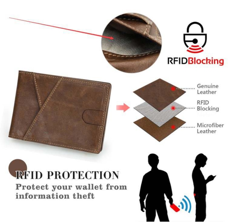 K&ouml;nnte beinhalten: Braunes Lederportemonnaie mit Klappenverschluss und RFID-Blockiertechnologie. Die Brieftasche besteht aus echtem Leder und Mikrofaserleder. Das Bild zeigt eine Person, die ein Telefon in der N&auml;he der Brieftasche h&auml;lt, was die RFID-Blockierfunktion veranschaulicht.