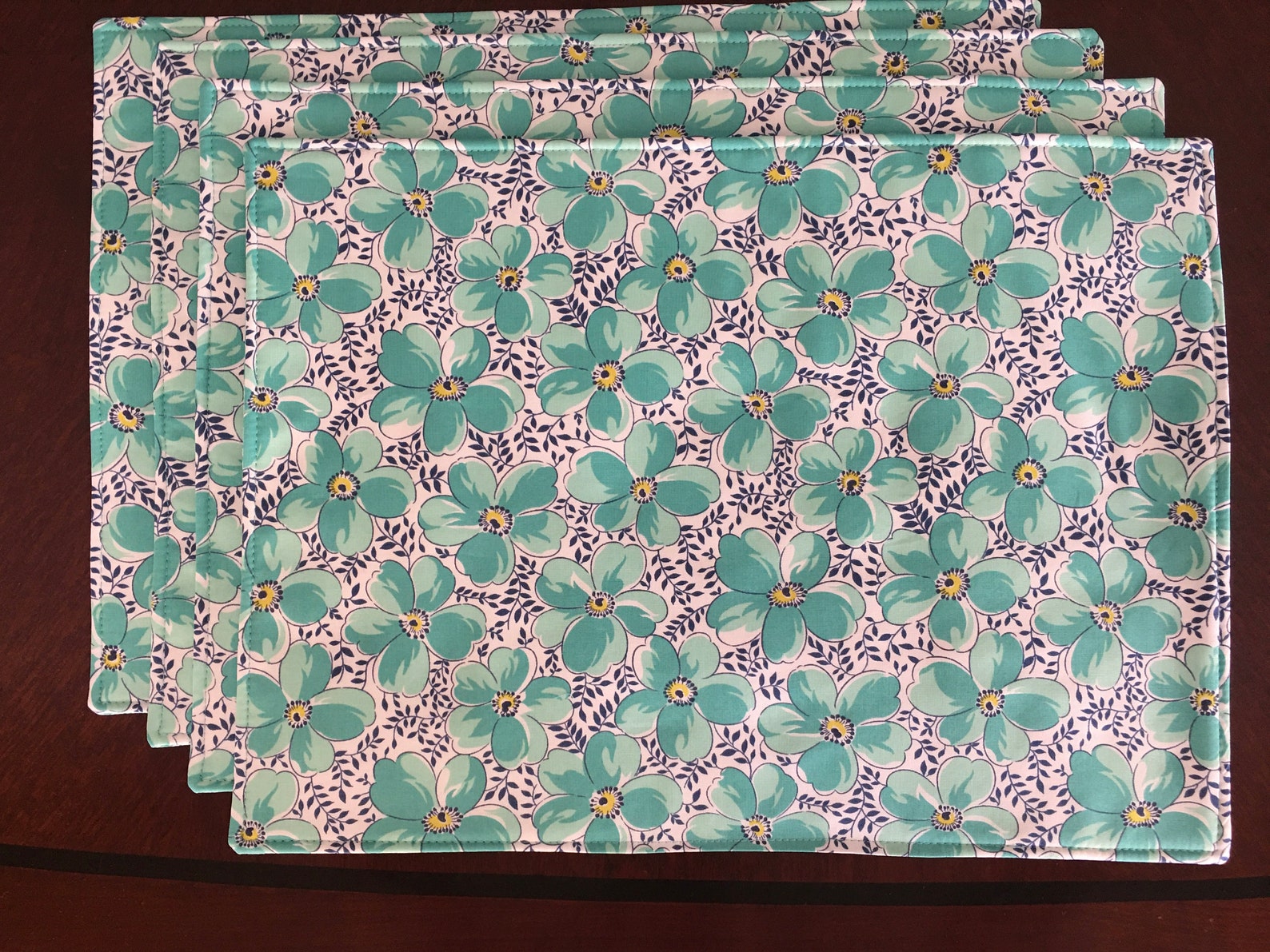 Aqua Flowers on White Placemats. Mothers Day Gift. Spring Etsy
