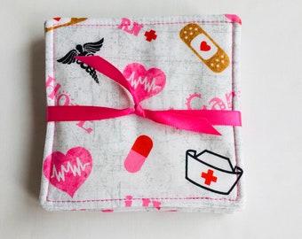 NEW! Nurse coasters. RN coasters. Fabric coasters. Handmade fabric coasters. Fabric nurse coasters. Choose from a set of 4 or 6.