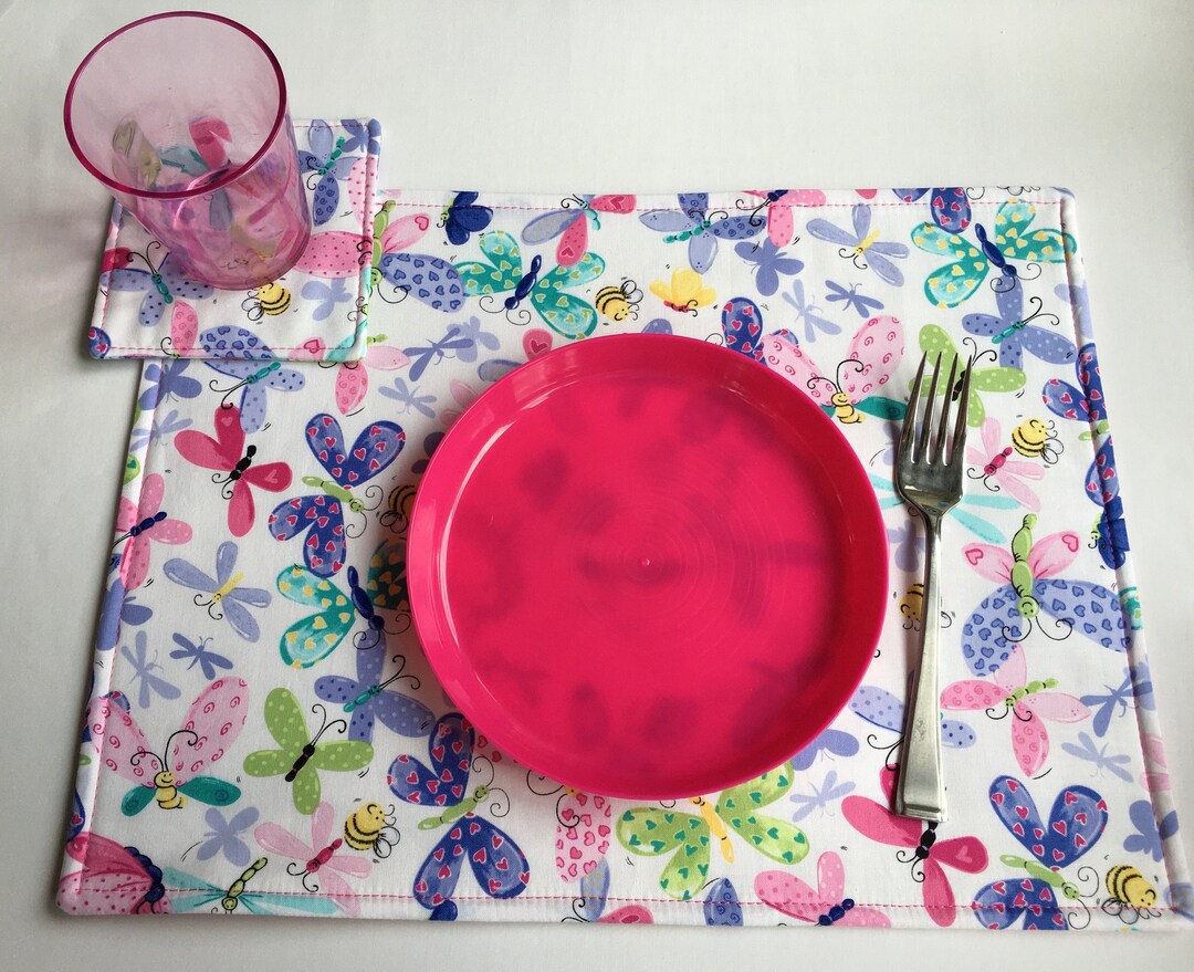 Butterflies Placemat & Coaster Set. Pink, Purple, Green, Yellow Butterflies. Girls Placemat Set