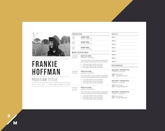 May include: Black and white resume template with a photo of a woman in a hat. The resume includes the name Frankie Hoffman, a position title, contact information, education, work experience, skills, and references.