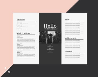 May include: A black and white resume with a photo of a woman wearing a hat and sunglasses. The resume includes sections for education, work experience, skills, achievements, and interests. The text "Hello I'm Sarah Dunn" is at the top of the page.