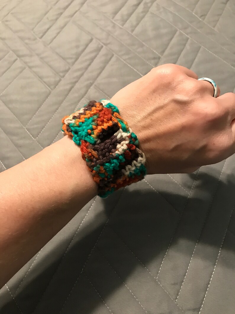 Handmade Crocheted Cuff Bracelet Multi-colored Toggle Button Closure