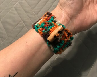 Handmade Crocheted Cuff Bracelet // Multi-colored // Toggle Button Closure