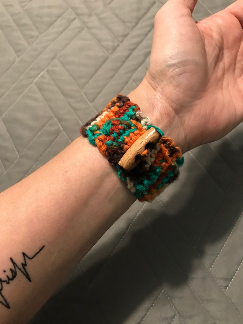 Handmade Crocheted Cuff Bracelet Multi-colored Toggle Button Closure