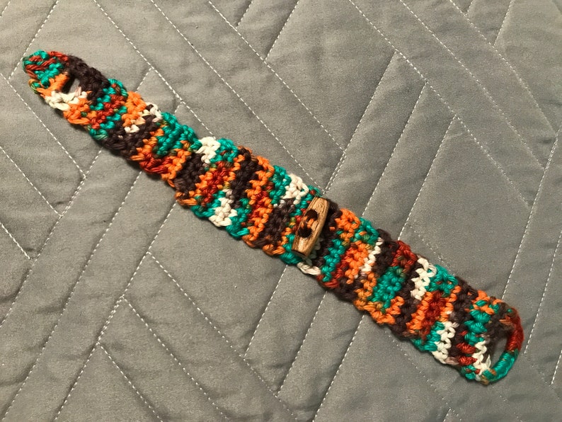 Handmade Crocheted Cuff Bracelet Multi-colored Toggle Button Closure