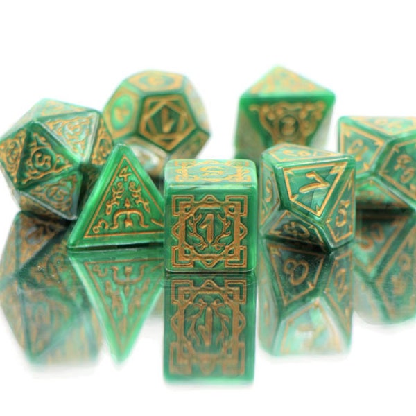 Druid Green  |  Carved Marble Dnd Dice Set (7)  |  Dungeons and Dragons (DnD)  |  5E