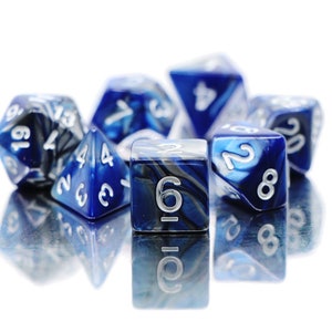 Blue & Silver |  Marble Mix Dnd Dice Set (7) |  Dungeons and Dragons (DnD) |  5E