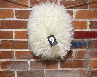 White Sheepskin Roundish Oval: High Pile Merino Woolmark Shearling Leather, 11” x 9”