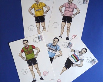 5 FAUSTO COPPI Drawings Limited Edition with stamp and postal cancellation