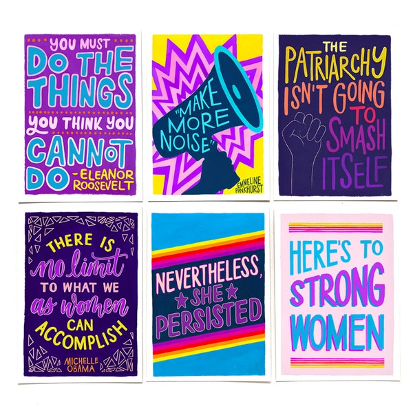 Pack of six colourful A6 postcards of feminist phrases on recycled card