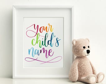 A5 hand-lettered baby name in rainbow watercolours