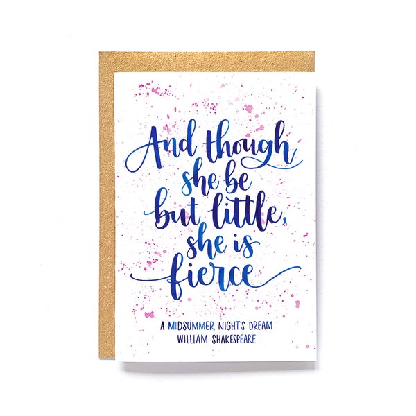 New baby girl card in blue / Feminist greetings card - And though she be but little, she is fierce