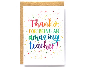 Rainbow thank you teacher card: 'Thanks for being an amazing teacher!'