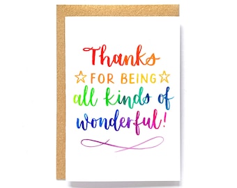 Rainbow thank you teacher card: 'Thanks for being all kinds of wonderful!'