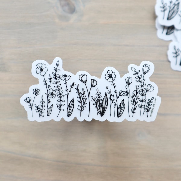 Clear Wildflower STICKER | Line Drawing Sticker, Long Sticker, Wrap Sticker, Floral Sticker, Black and White, Waterbottle Sticker, 6 inch