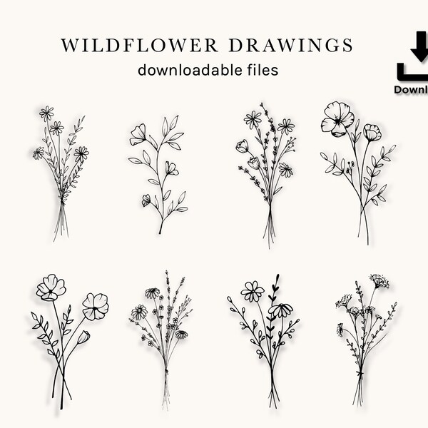 Wildflower Drawing | Downloadable Flower, Tattoo Wildflower, Wildflower Wedding Invitation, Flower Clipart, Wildflower Illustration, Print