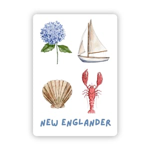 May include: A white sticker featuring watercolor illustrations of a blue hydrangea, sailboat, seashell, and red lobster. The words "NEW ENGLANDER" are written in blue script at the bottom.