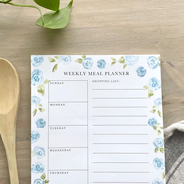 Meal Planner NOTEPAD | Watercolor Flowers, Weekly Meal Planner, Grocery List, Weekly Dinner Plan, Magnetic, Blue Flower Border Notepad