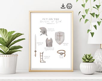 May include: A printable poster with a watercolor illustration of the armor of God. The poster features a helmet, breastplate, shield, sword, belt, and sandals. The text "Put on the Armor of God" is at the top of the poster.