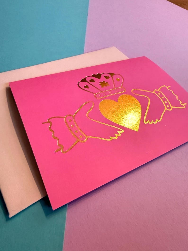 Claddagh Gold Foil on Pink Irish Card - Gaeilge, Birthday Card for Her ...