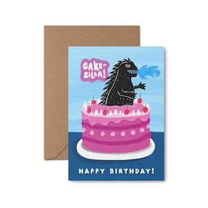 Carte d'anniversaire Cake-Zilla Godzilla - carte d'anniversaire illustrée