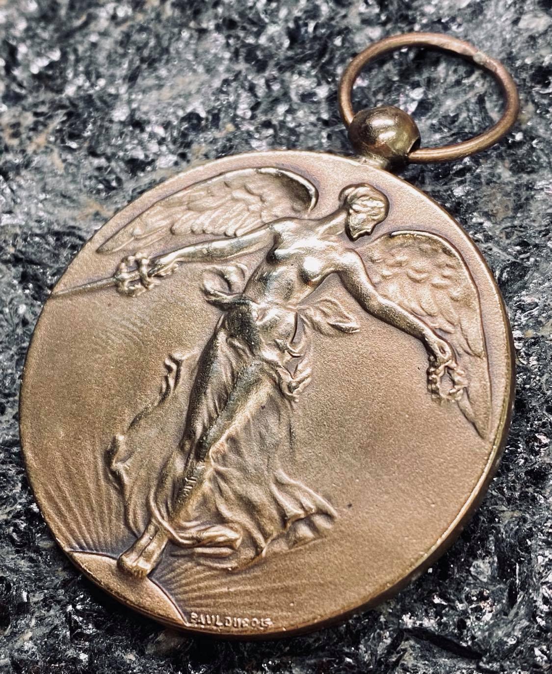 m6464》WWI ベルギー 連合国勝利メダル1919年 Paul Dubois Victory Angel Medallion, 1914 Rare WWI 100% Authentic From France