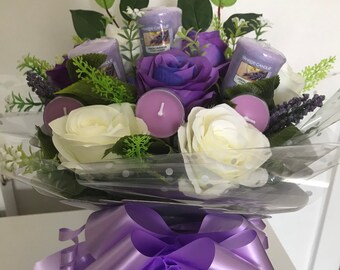 Handmade Yankee Candle Flower Bouquet Pale Lilac and White Rose Rosebud Gift