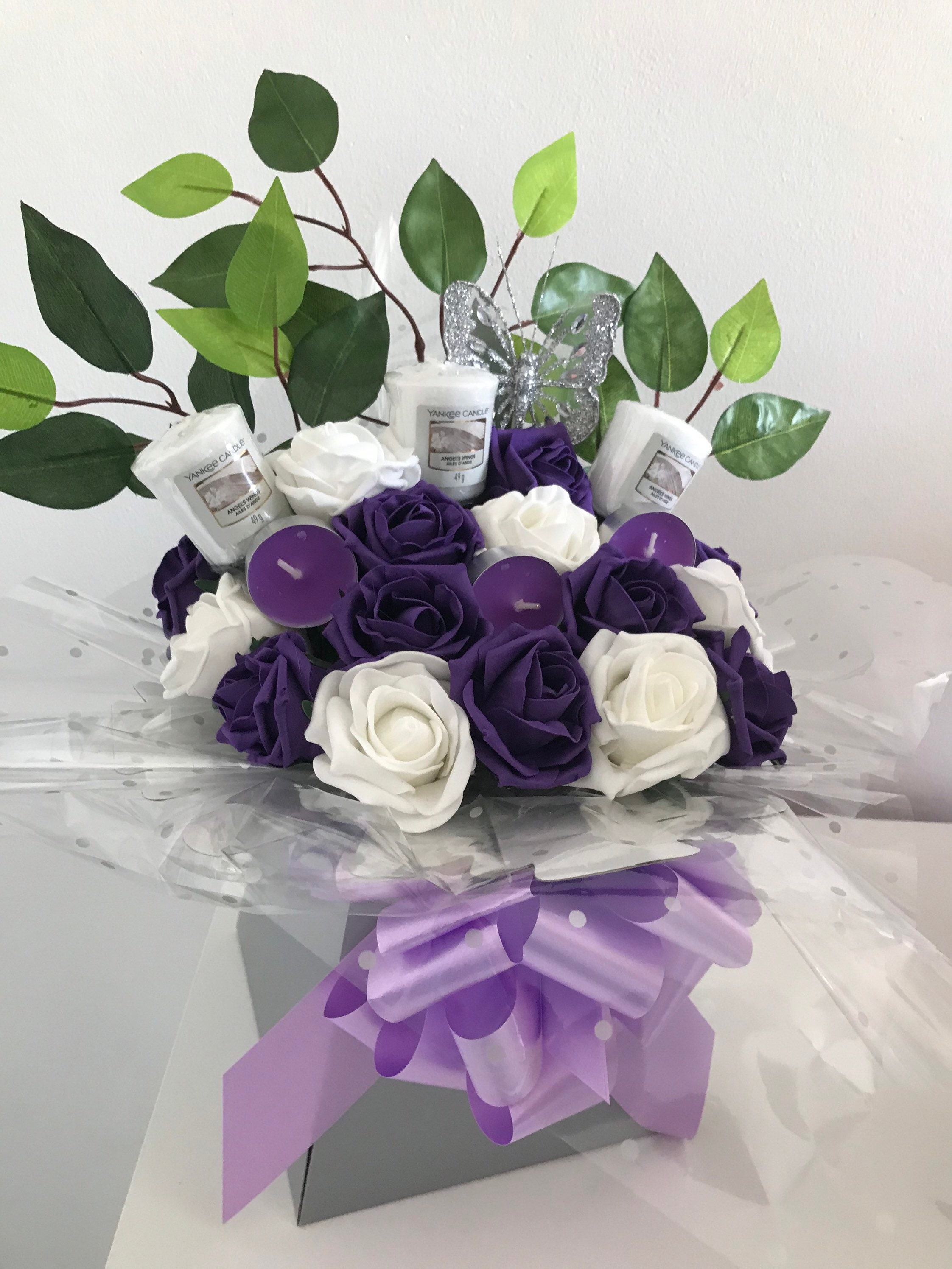 Handmade Yankee Candle Flower Bouquet Purple And White Roses Etsy
