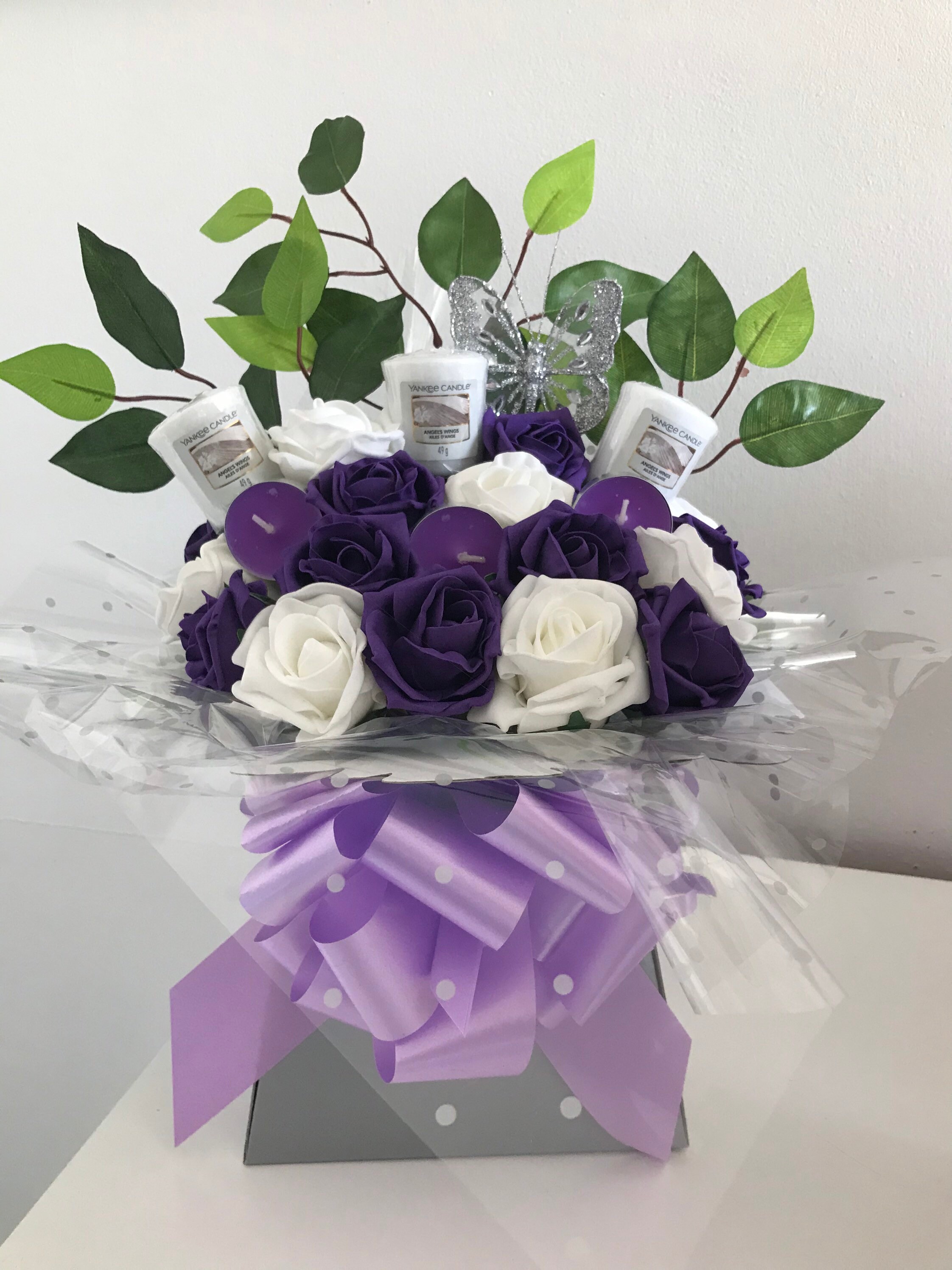Handmade Yankee Candle Flower Bouquet Purple And White Roses Etsy