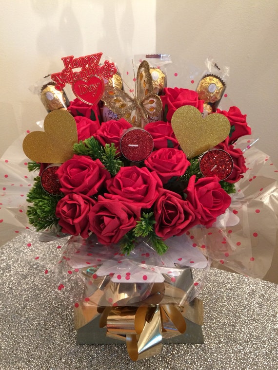 Handmade Valentines Day Flower Bouquet Red Roses With Ferrero Etsy