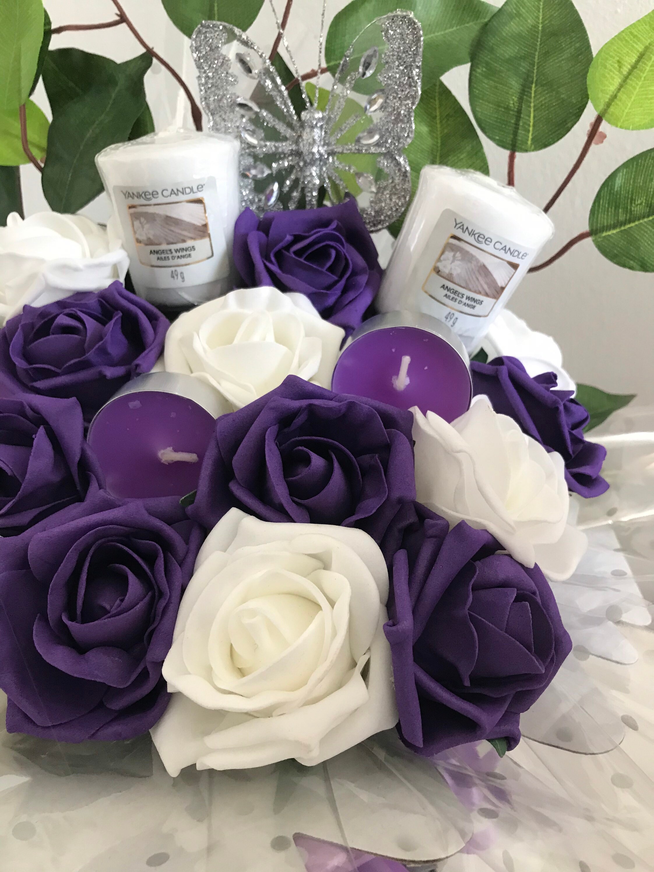 Handmade Yankee Candle Flower Bouquet Purple And White Roses Etsy