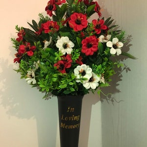 Handmade Artificial Shades of Red and Ivory Flower Cemetery Vase Flower Arrangement